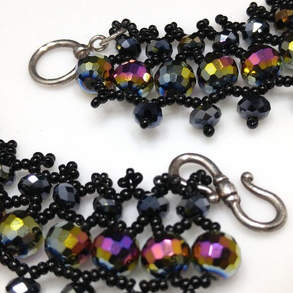 Handmade Czech Fire Polished Beaded Collar Necklace Black Seed Beads 16" - Picture 5 of 10